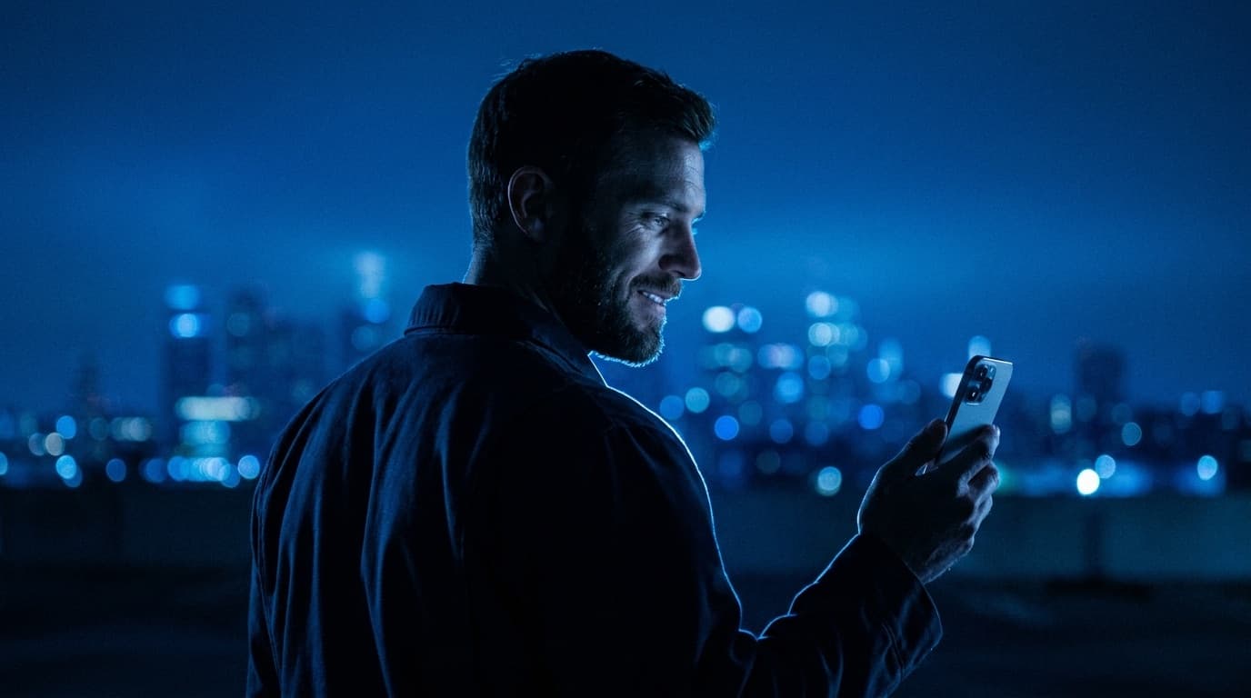 HVAC company owner taking a call at night outside his shop